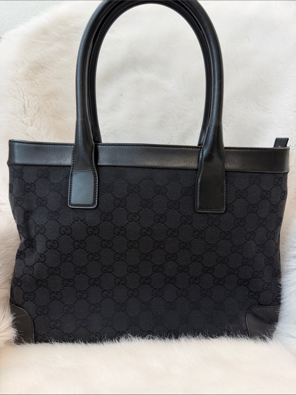Gucci Black GG Canvas Leather-Trim Tote great condition great size authentic!